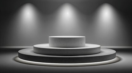 Circular podium display with layered platforms illuminated by soft lights in a minimalist studio setting, creating an elegant atmosphere for showcasing products or presentations