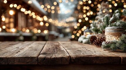 Rustic wooden table adorned with festive decorations, surrounded by glowing lights and a winter atmosphere, creating a warm holiday ambiance with seasonal charm