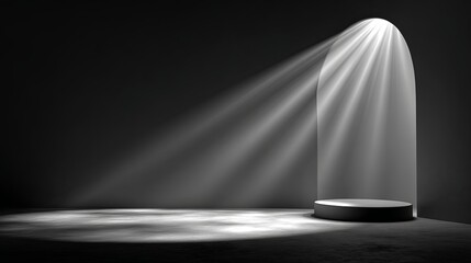 Dramatic lighting illuminates a circular platform in a dark space, creating a striking visual contrast and a sense of depth, ideal for showcasing products or performances
