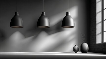 Modern interior space featuring three black pendant lamps hanging from the ceiling, casting shadows on a minimalist wall with a window and decorative vases