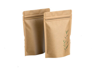 Eco-friendly brown resealable pouch with zipper isolated on transparent background, kraft paper stand-up packaging mockup for coffee tea or dry food, realistic recyclable bag design for organic produc