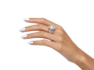 Elegant feminine hand pose isolated on transparent background, realistic female hand mockup for product presentation or beauty advertisement, graceful skin tone gesture template for fashion cosmetics 