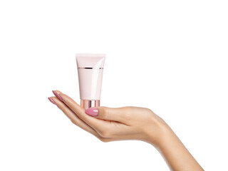 Elegant feminine hand pose isolated on transparent background, realistic female hand mockup for product presentation or beauty advertisement, graceful skin tone gesture template for fashion cosmetics 