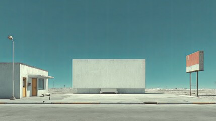 Minimalist urban scene featuring a vacant building with a blank wall, a bench, and a vintage sign, under a clear blue sky, creating an atmosphere of solitude and simplicity