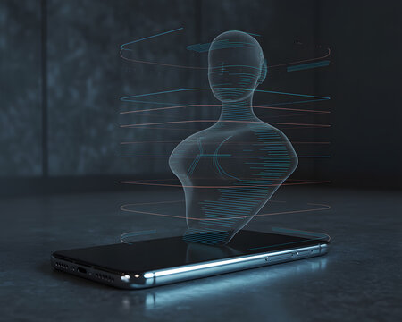 Futuristic holographic projection of a human bust emerging from a sleek smartphone displaying data.