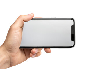 Realistic mobile phone mockup taking selfie isolated on transparent background, modern smartphone design template for social media or lifestyle presentation, digital device mockup showing camera use 