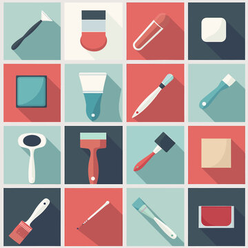 A grid showcases flat design illustrations of various tools, including brushes, scrapers, and other painting essentials