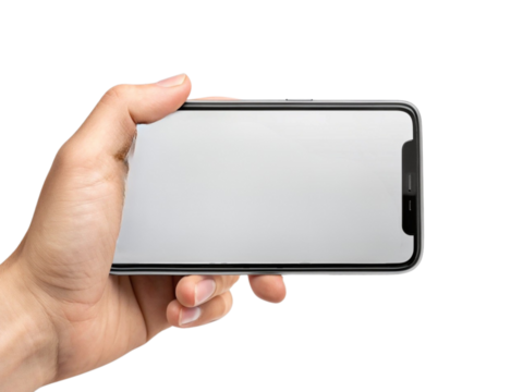 Realistic mobile phone mockup taking selfie isolated on transparent background, modern smartphone design template for social media or lifestyle presentation, digital device mockup showing camera use 