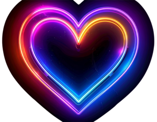 Corazón brillante con luces de neón multicolor en fondo transparente