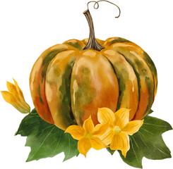 Hand-painted watercolor pumpkin with leaves and flowers