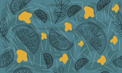 Abstract Citrus Seamless Pattern in Teal and Mustard Yellow. Modern Line Art Vector.