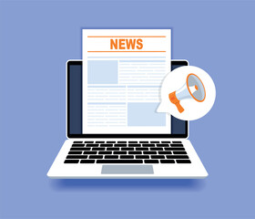 Online news. Online reading news. News website on laptop screen. Laptop with newspaper, news site. News webpage, information about events, activities. Vector Illustrations