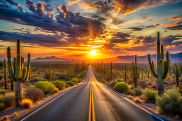 Empty asphalt highway stretching into the horizon at sunset under a cloudy sky