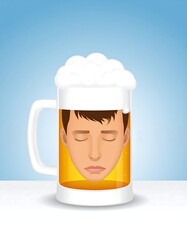 A head floats inside a beer stein with foamy head