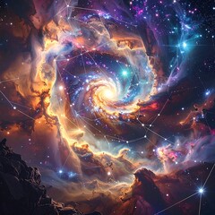 A cosmic spiral galaxy with interconnected constellations and vibrant nebulae