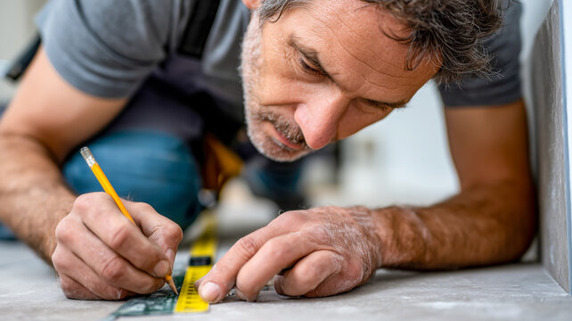 Focused handyman meticulously measures & marks a floor surface with a ruler & pencil for a construction or renovation project. - Powered by Adobe