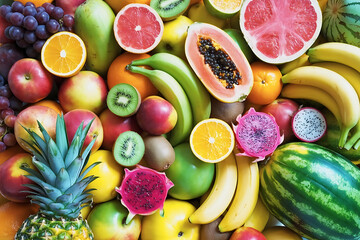 Assortment of colorful ripe tropical fruits. Top view