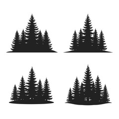 Set of four silhouetted evergreen pine tree clusters artistic design elements vector