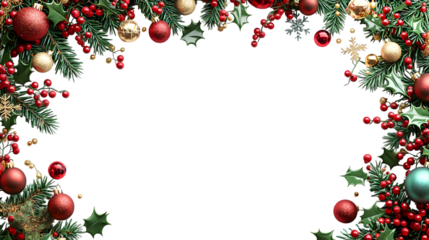 Festive Christmas wreath border with red and gold ornaments, holly and pine_perfect for holiday cards.