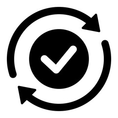 Black round checking process sync approved icon, simple turning arrows syncing flat design pictogram vector for app logo ads web webpage button ui ux interface elements isolated on white background