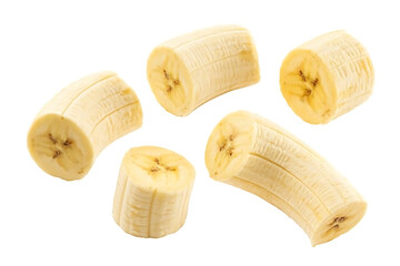 Flying banana slices, isolated on white background