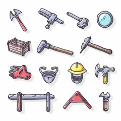 Whimsical illustration of various work tools, featuring a hammer, saw, axe, and bucket