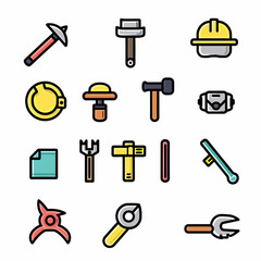 A collection of colorful cartoon illustrations featuring various tools, each with bold outlines and filled
