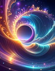 A cosmic vortex with glowing, swirling energy and celestial stars