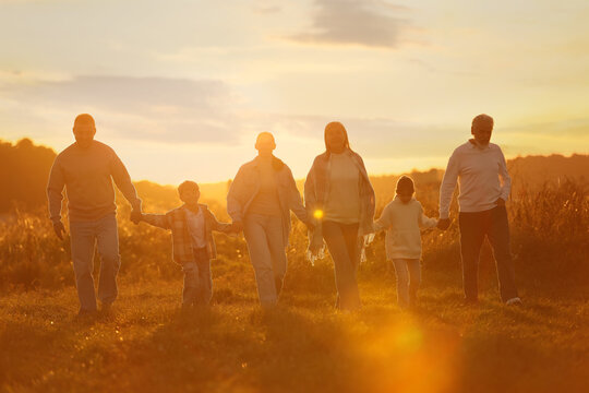 Happy family holding hands in field at sunset