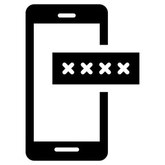 Black single phone with encrypted password fill icon, multi factor authentication flat design pictogram, infographic vector for app logo web button ui ux interface element isolated on white background
