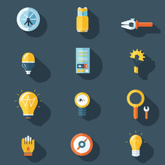 A collection of flat design elements including tools, light bulbs, and a compass with shadows