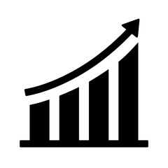 Black single arrow growing up chart graph bars glyph icon, success graph trending upwards flat design interface infographic element for app ui ux web button, vector isolated on white background