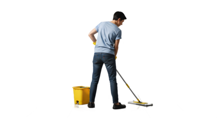 Young Man Mopping Floor, Indoor Setting, Photo, Clean Environment, Side View, Hygiene Concept
