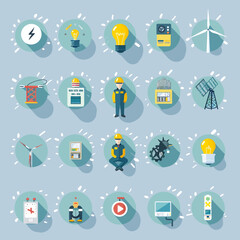 A grid of 20 flat design icons, depicting electricity, engineering, and renewable energy concepts