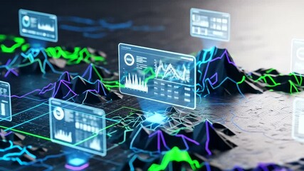 Advanced data visualization with holographic displays over abstract landscape - Powered by Adobe
