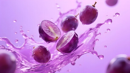 Dynamic close-up of whole and halved purple grapes creating a powerful splash in vibrant violet liquid, perfectly symbolizing refreshment and natural juice