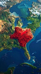 Digitized, detailed aerial view showing North America with highlighting