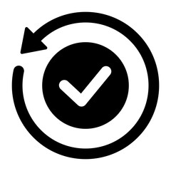 Black round checking process sync approved icon, simple turning arrows syncing flat design pictogram vector for app logo ads web webpage button ui ux interface elements isolated on white background
