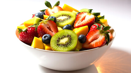 Side view of delicious raw salad, cut fruits including strawberries, blueberries, mango, kiwi, chia seeds in white bowl on white backgrdound