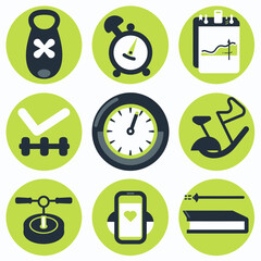 A collection of fitness and activity icons, each within a green circle against a white background