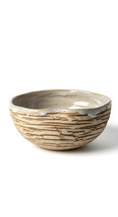 Handmade ceramic bowl with textured exterior and glazed interior.