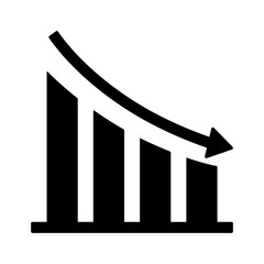 Black single financial graph with down arrow icon, simple businese decline flat design pictogram vector for app ads web banner button ui ux interface elements isolated on white background