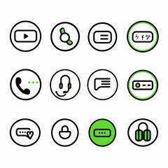 A grid of 12 minimalist black and green circular icons for various functions
