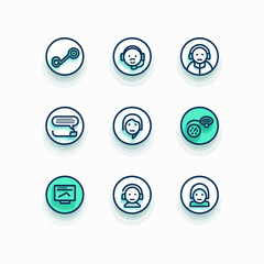 Nine different circle icons with various illustrations in outline and teal-green. Shadows and white background