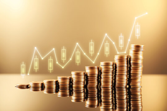 Wealth concept. Stacked coins and graphs against golden background
