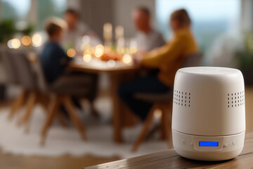 Modern air purifier or dehumidifier standing in cozy home while family spending time together at table