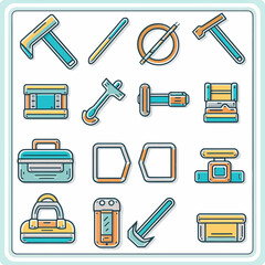 Colorful icon set of tools and equipment, depicting various construction and crafting implements