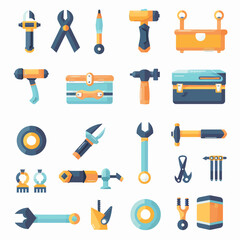 A vibrant collection of stylized, geometric tool and hardware icons on a white grid