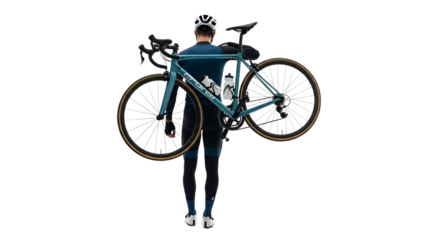 Cyclist Fixing Bike from Back View in Studio, Action Photography, Transparent Background, Sports Environment