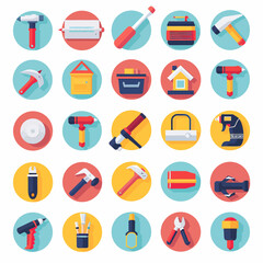 A set of twenty-five tool icons with varying shapes and designs, placed within colored circles